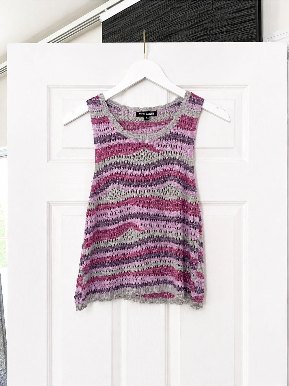 Steve Madden Pink & Gray Metallic Crochet Tank Top Summer Chic Streetwear L